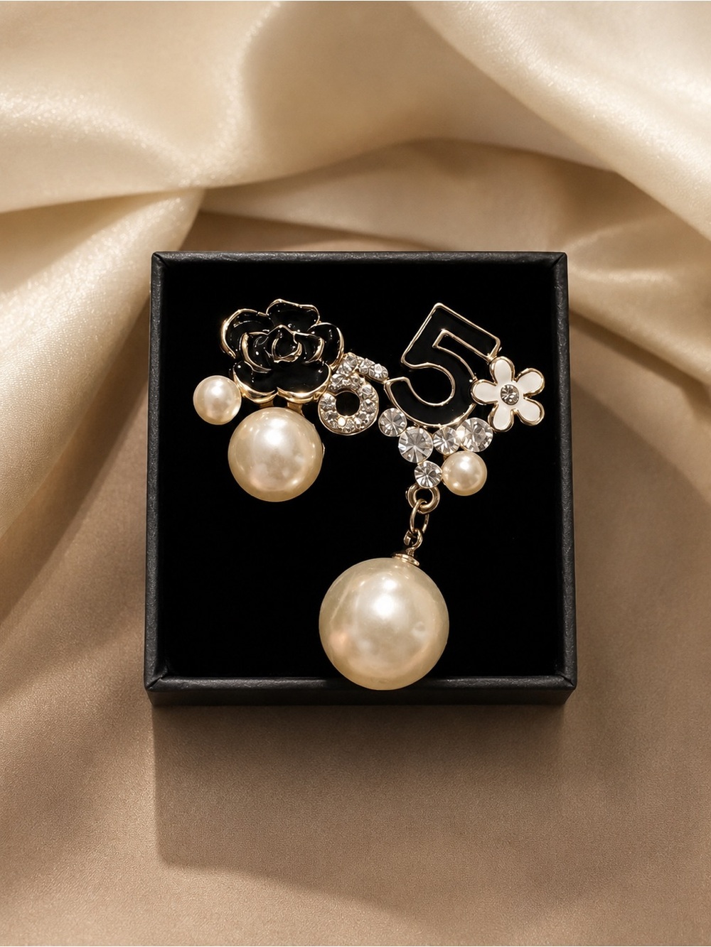 Black & Gold Statement Pearl Earrings | Rhinestone Floral Design